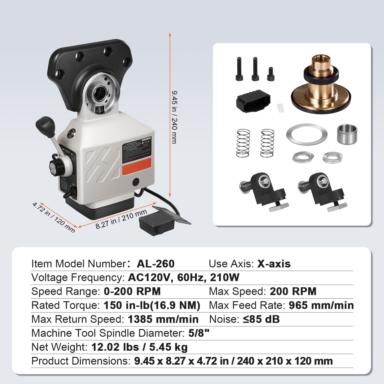 Power Feed X-Axis 150 Lbs Torque for Bridgeport Type Milling Machines 0-200 RPM