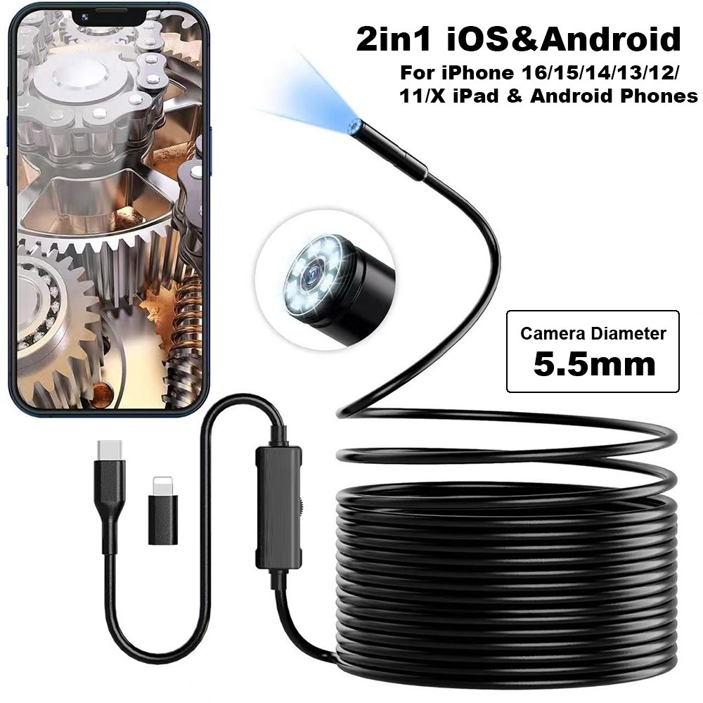 5.5mm For iOS iPhone 17/16/15/14/13 iPad Android Phone Endoscope Inspect Camera