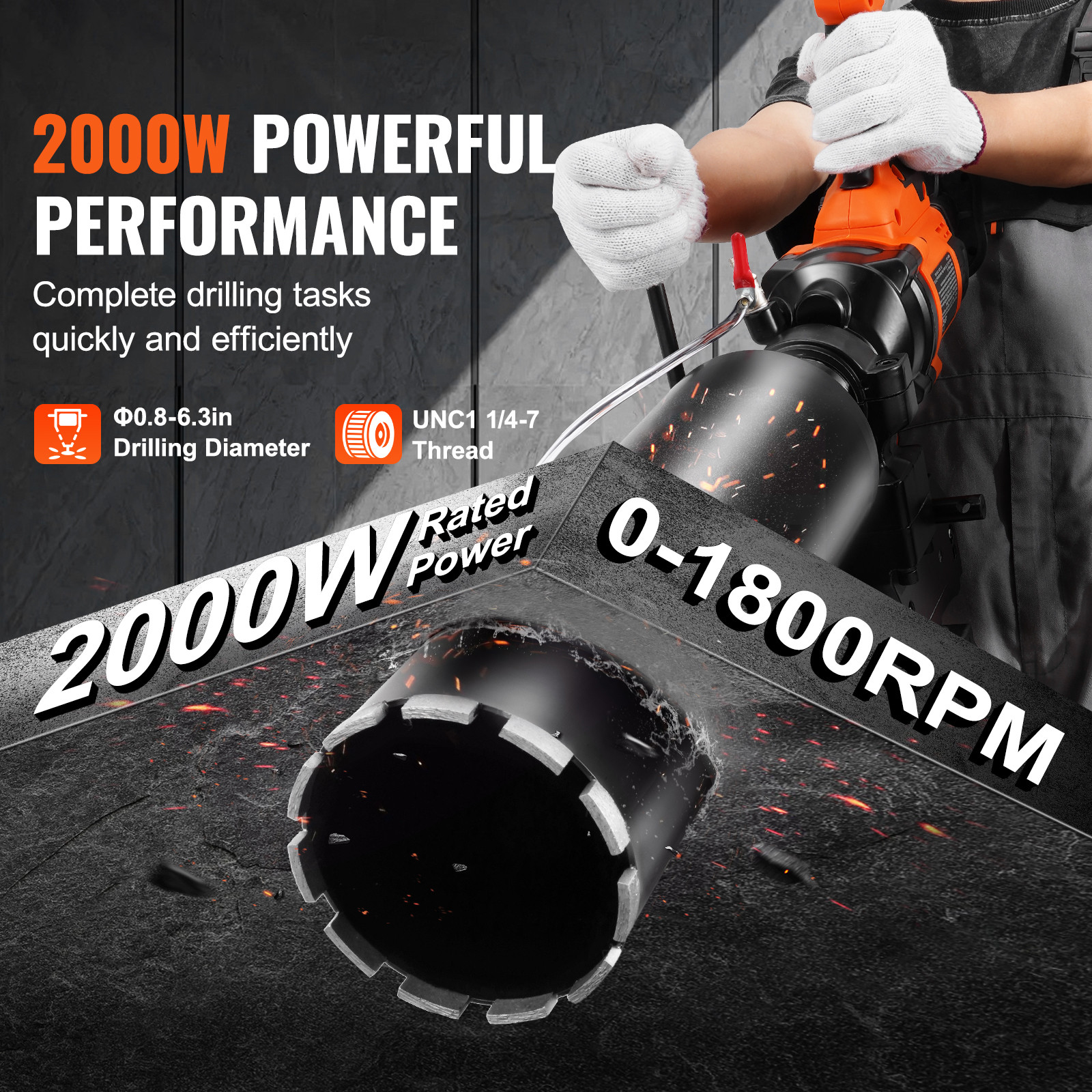 VEVOR Core Drill Machine 0.8-6.3in Dia 2000W Handheld and Stand Core Drill Rig