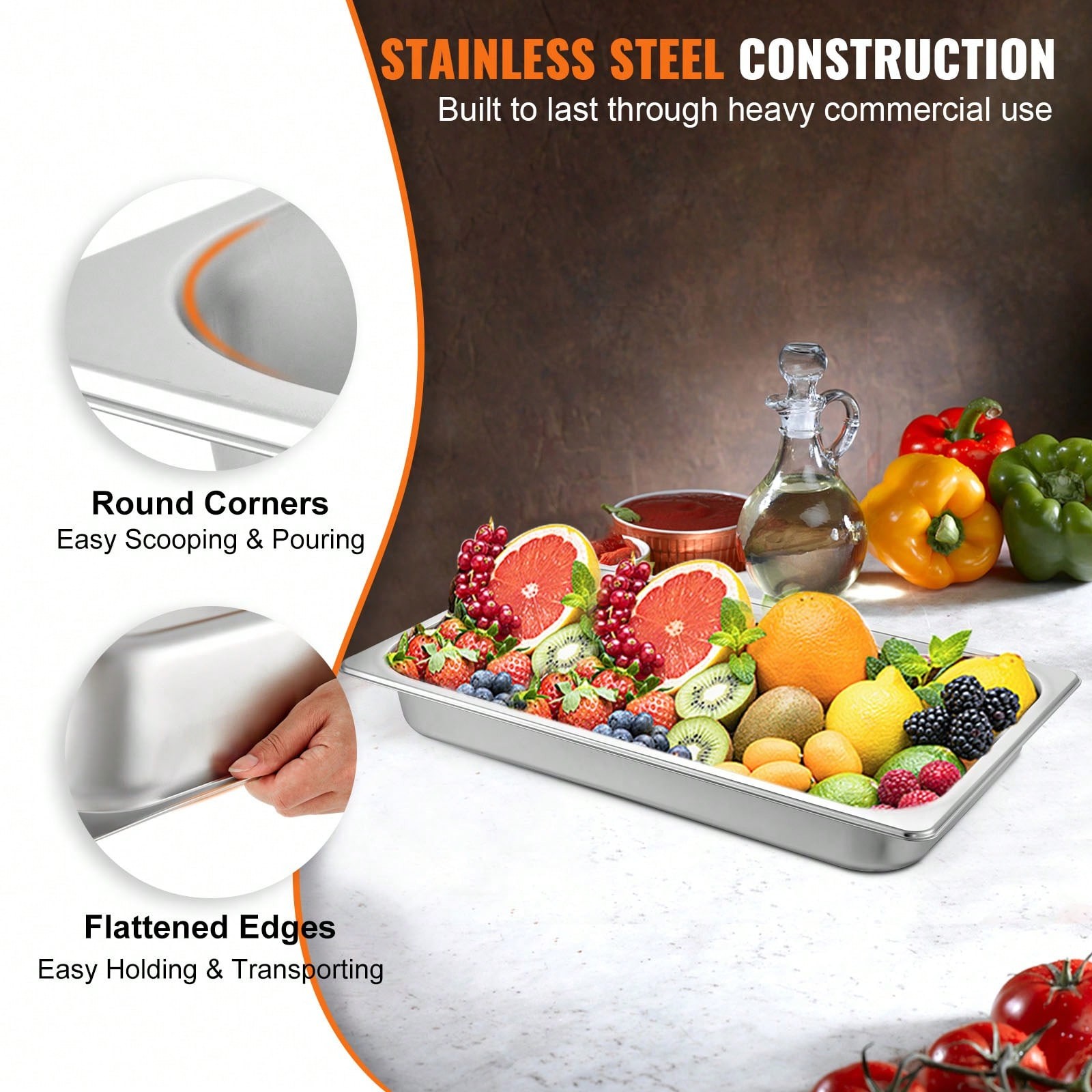 6Pcs Commercial Full Size Pans 2.5in 4in & 6in Stainless Steel Hotel Pan 0.8mm