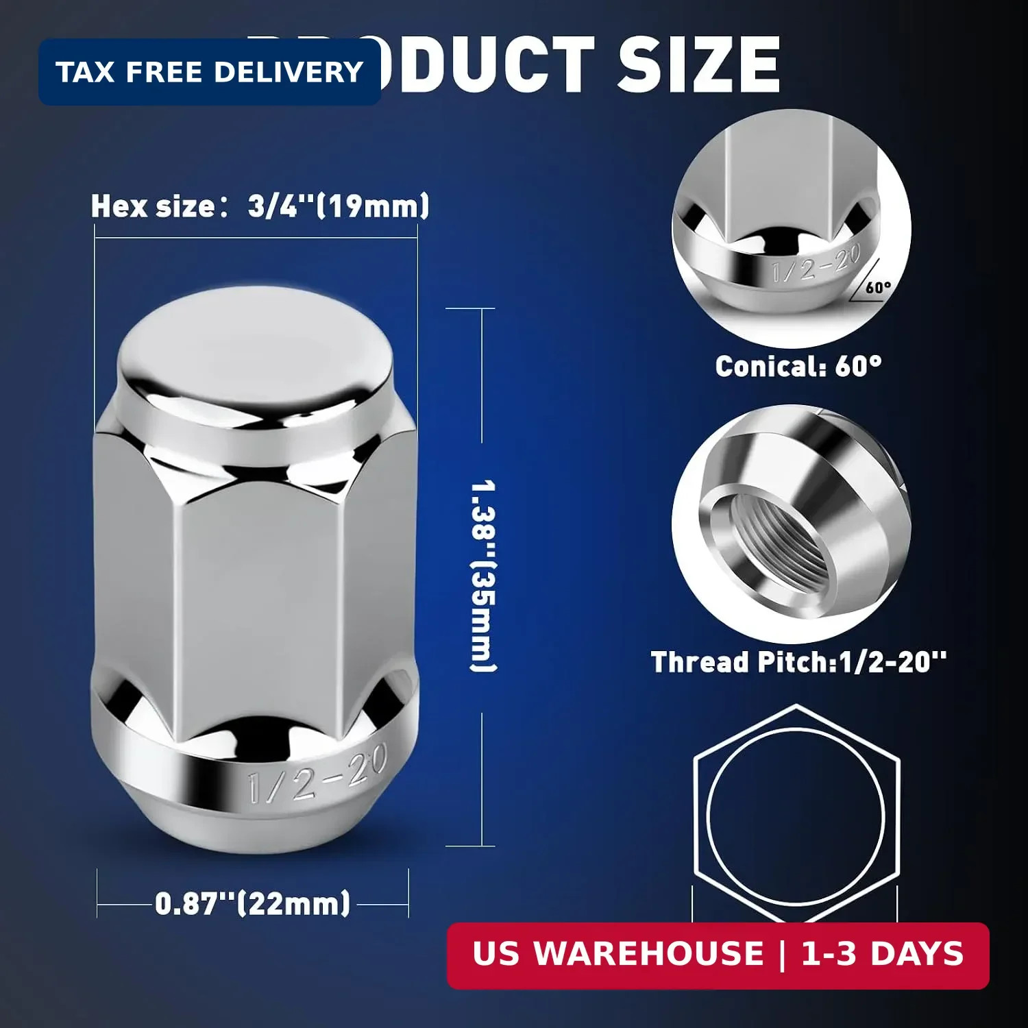 20PCS 1/2-20 Closed End Lug Nuts,1.38” Tall 19mm Hex,Replacement for Jeep1987-2
