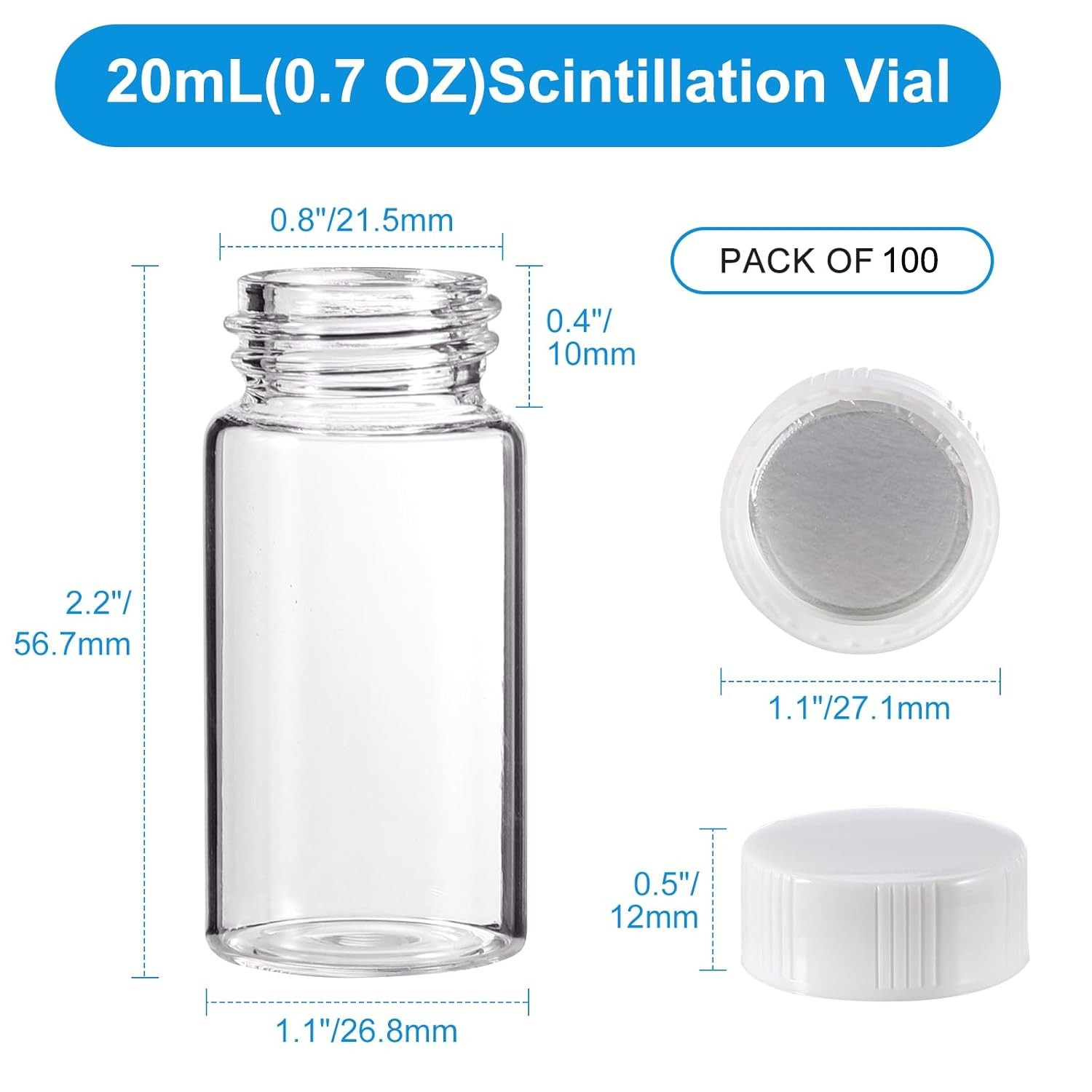20ML Scintillation Vials 100PCS Lab Borosilicate Glass Liquid Scintillation Vial