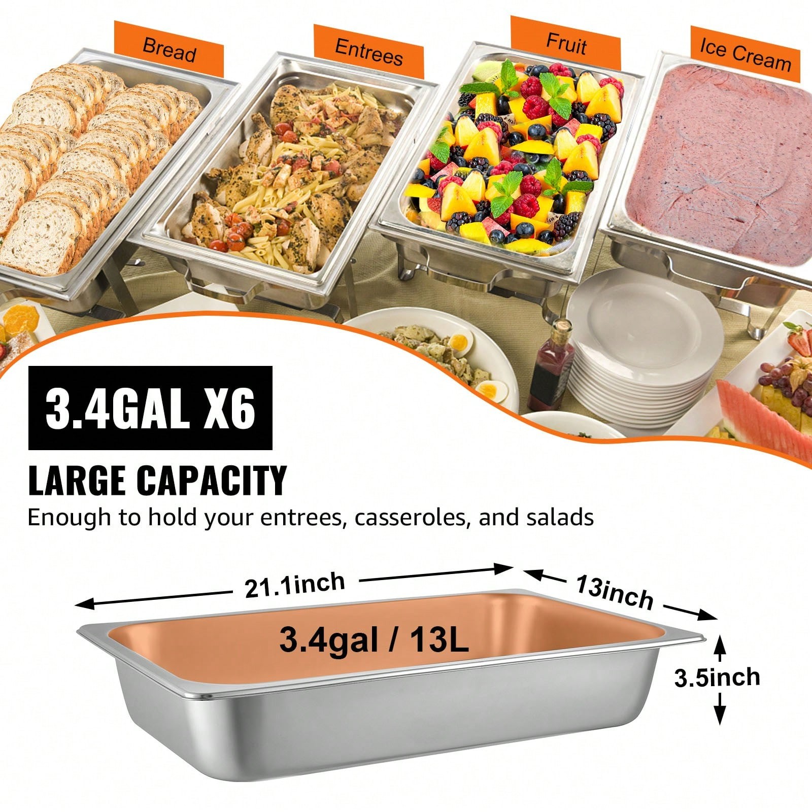 6Pcs Commercial Full Size Pans 2.5in 4in & 6in Stainless Steel Hotel Pan 0.8mm