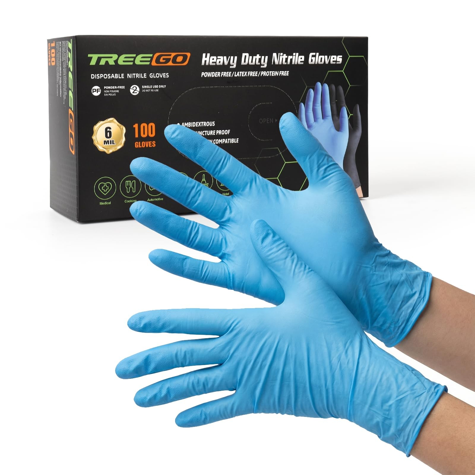 TREEGO Blue Nitrile Gloves 6 Mil, Medical & Exam-Grade Large, 100