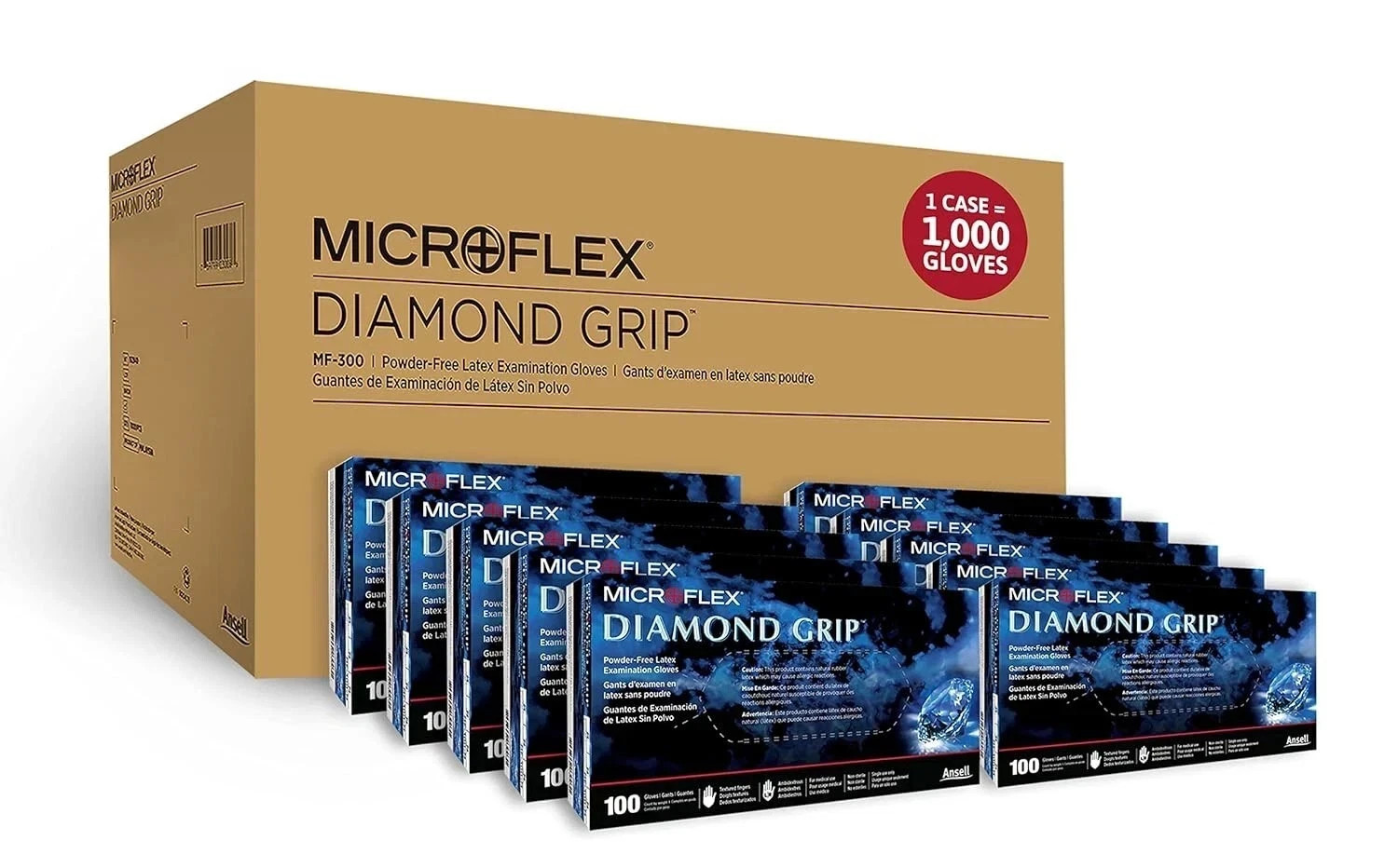 Microflex Diamond Grip Latex Gloves, LARGE, 10 boxes of 100 ea, 1000 pcs Total