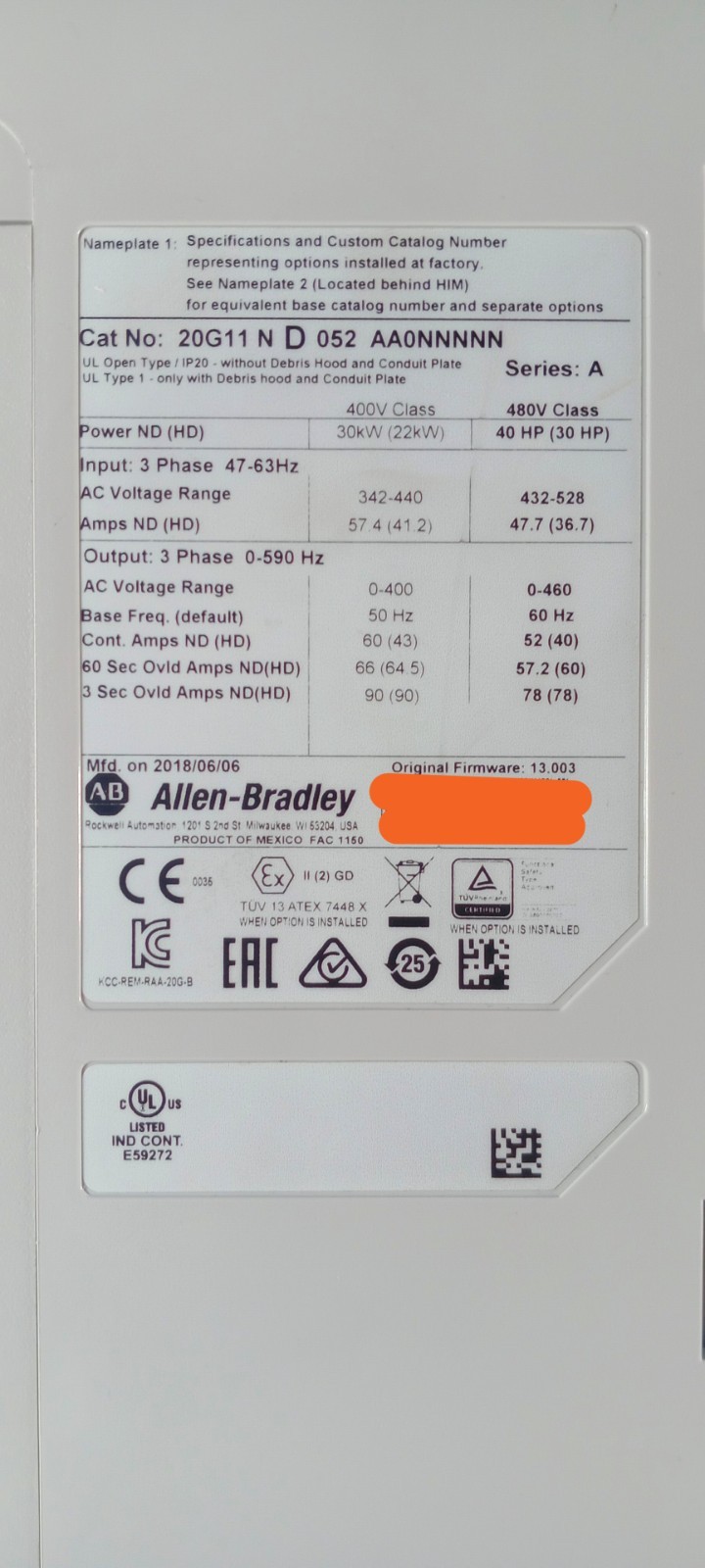 ALLEN BRADLEY 20G11ND052AA0NNNNN SER A POWERFLEX 755 AC DRIVE 30KW 40HP