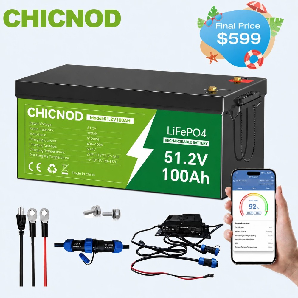 CHICNOD 48V 100Ah Golf Cart LiFePO4 Lithium Battery 5120Wh BMS+58.4V 20A Charger