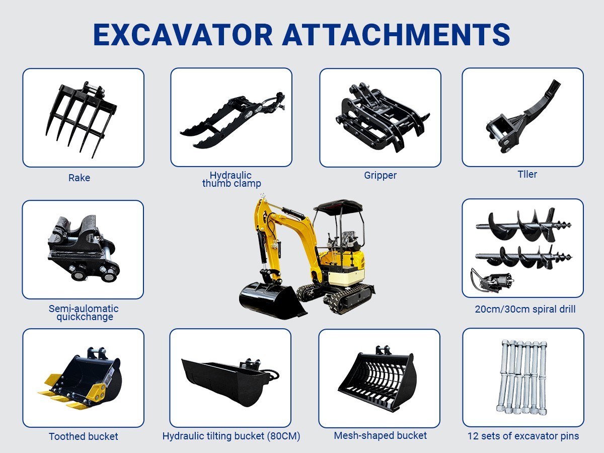 11-in-1 Mini Excavator Attachment Set: From Rakes to Buckets & Quick Coupler