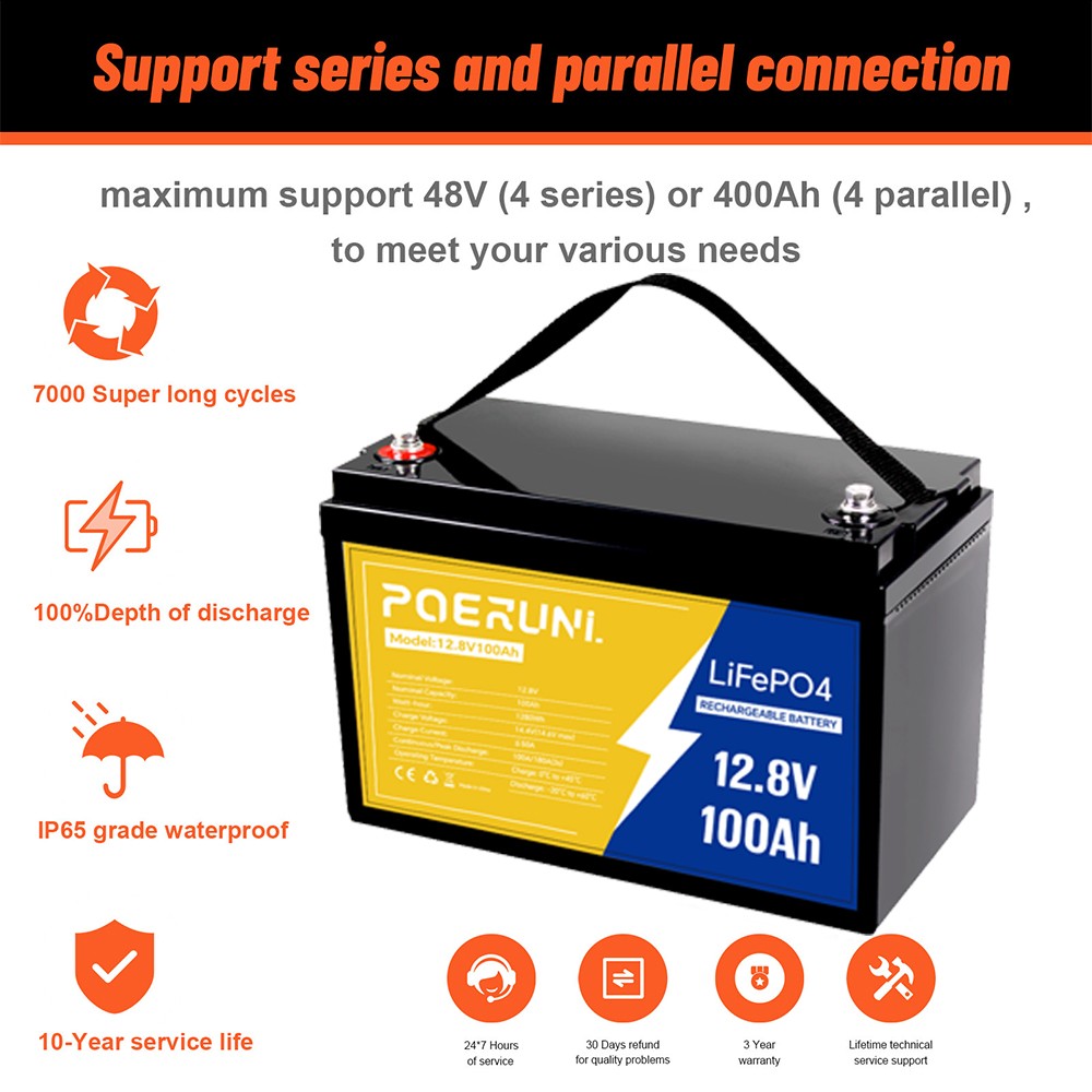 12V 100Ah LiFePO4 Lithium Battery Cycle Deep Built-in BMS for Solar RV Off-grid
