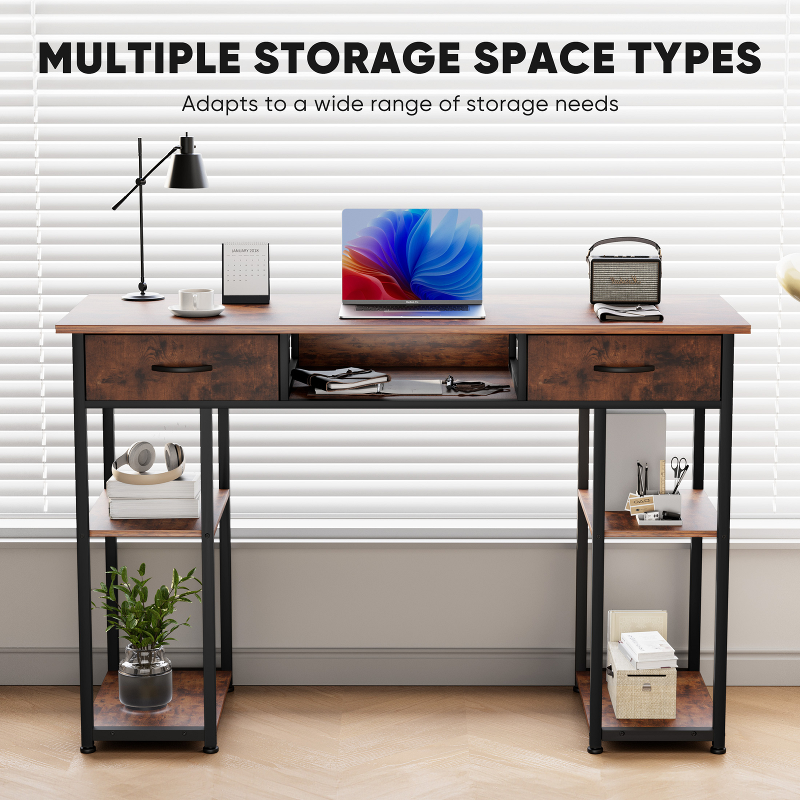 Computer Desk Home Office Table with PC Stand, Fabric Drawers Headphone Hook