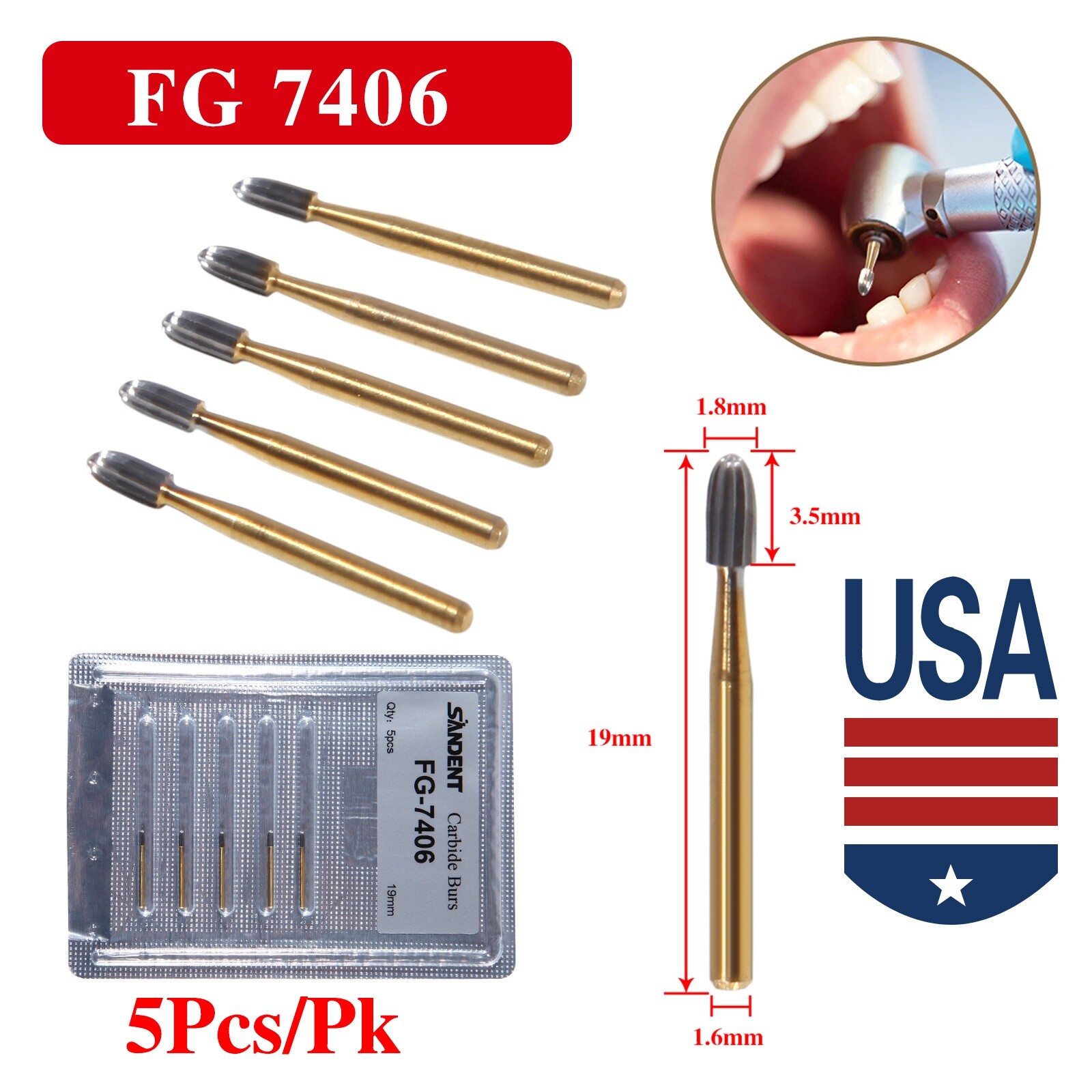 5 packs Dental Tungsten Carbide Burs Trimming & Finishing Egg Football FG 7406