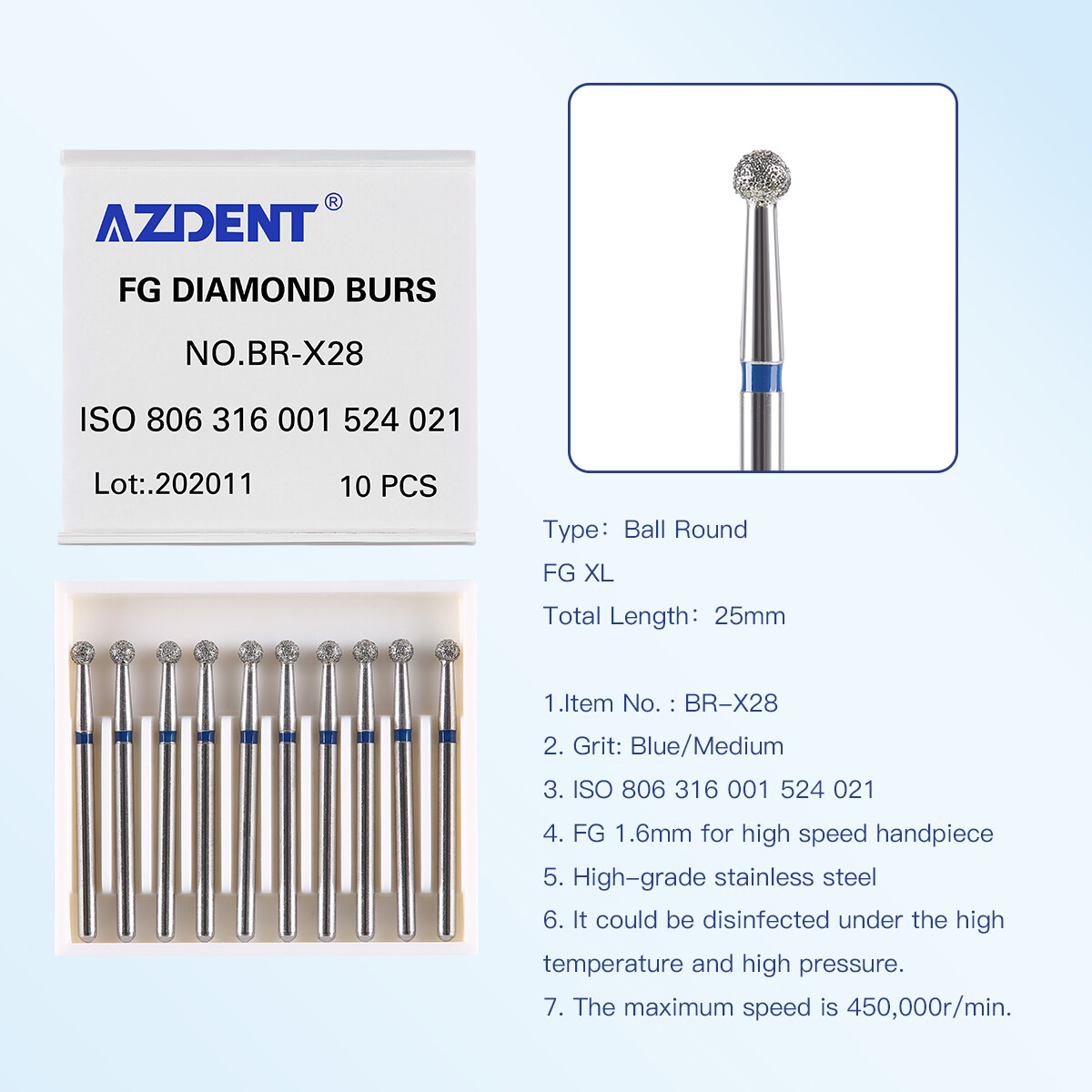 10Pcs AZDENT Dental Diamond Burs Ball Round For High Speed Handpiece FG 1.6mm