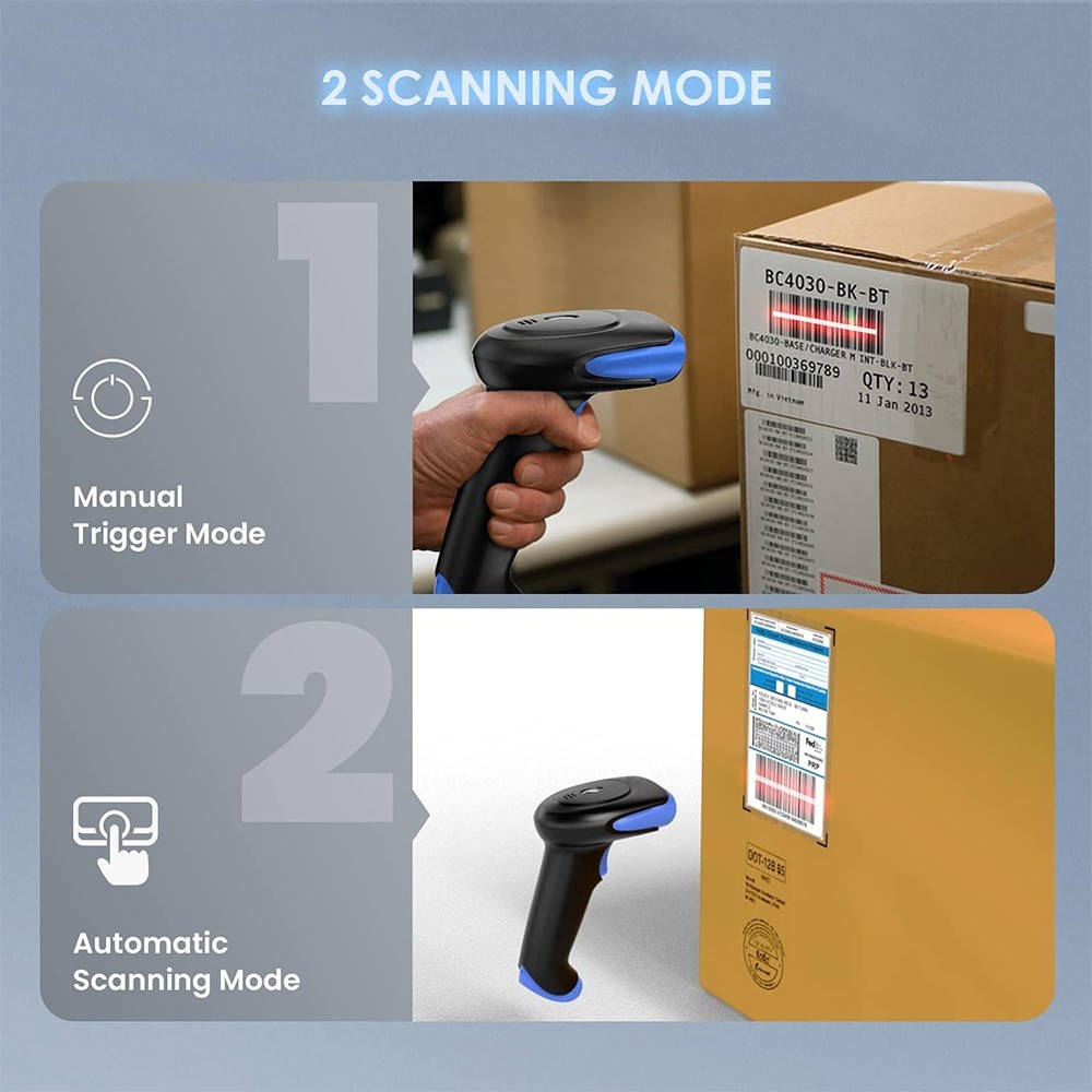 2D Bluetooth Wireless Barcode Scanner Handheld Cordless USB QR Code Reader Blue