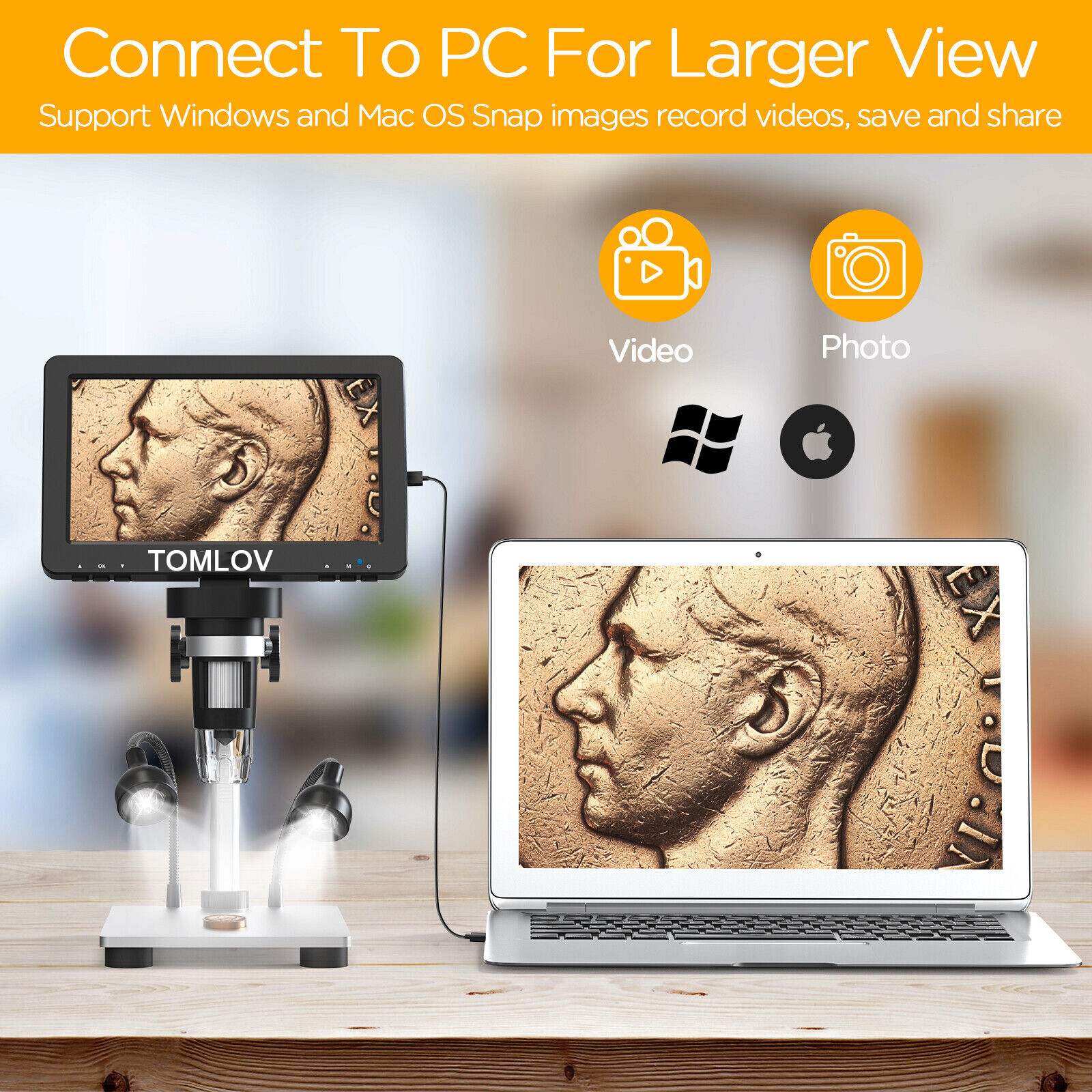TOMLOV Digital Magnifier 1200X 7” Coin Microscope camera Soldering Microscope