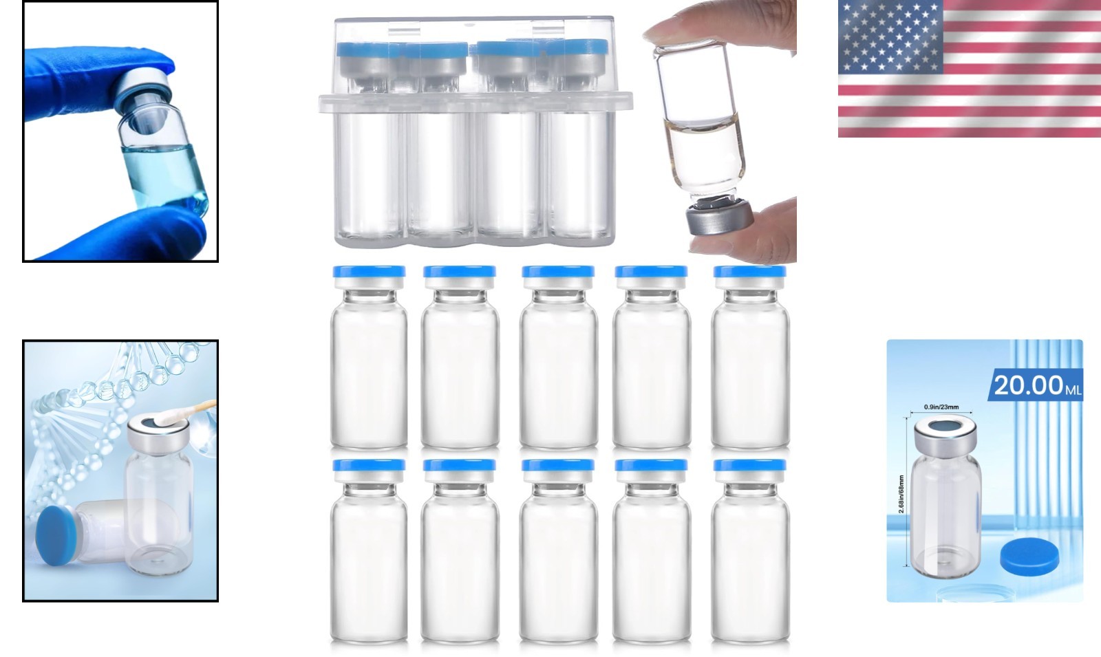 Pack of 10 Sterile 20ml Borosilicate Glass Vials with Innovative Injection Ports