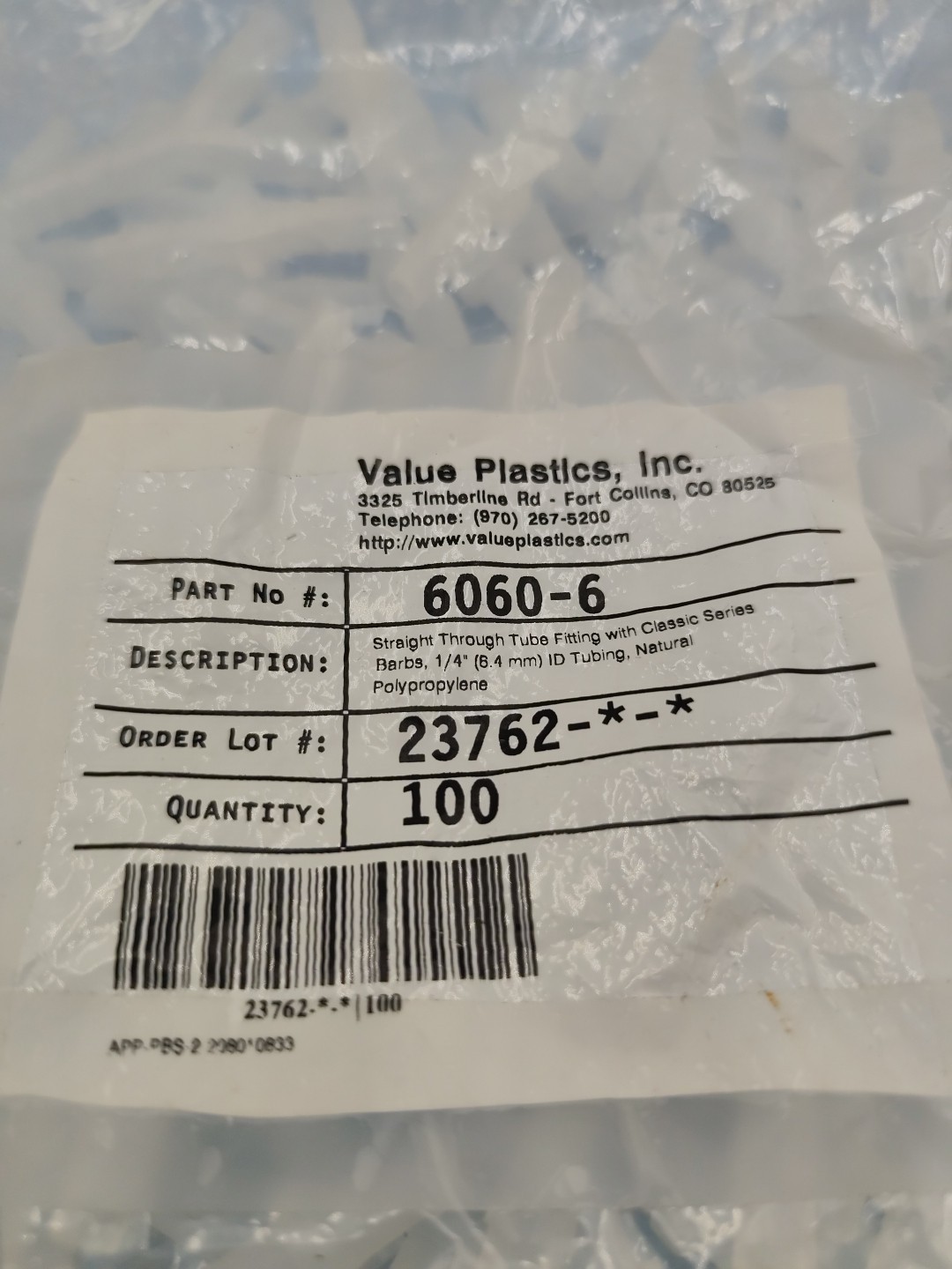 6060-6 straight through tube fitting with Classic series barbs 1/4″ 6.4mm ID