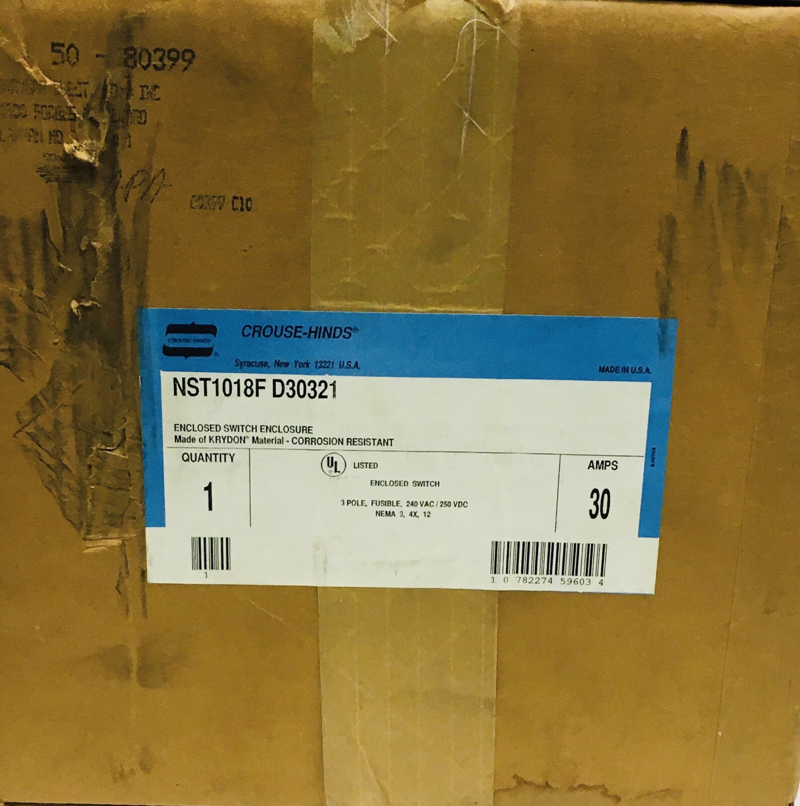 CROUSE HINDS NST1018F-D30321 30 AMP 240VAC FUSIBLE DISCONNECT SWITCH NEW IN BOX!