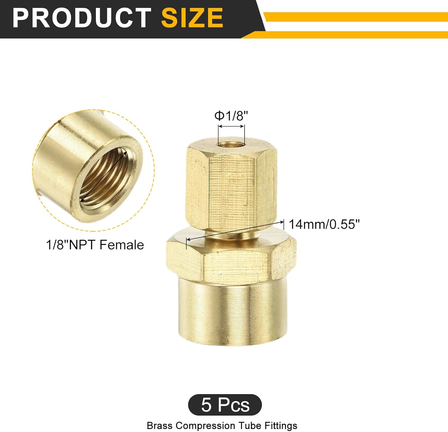 3Pcs Brass Compression Tube Fitting, 1/8″ Tube OD X 1/8″ NPT Female Conn