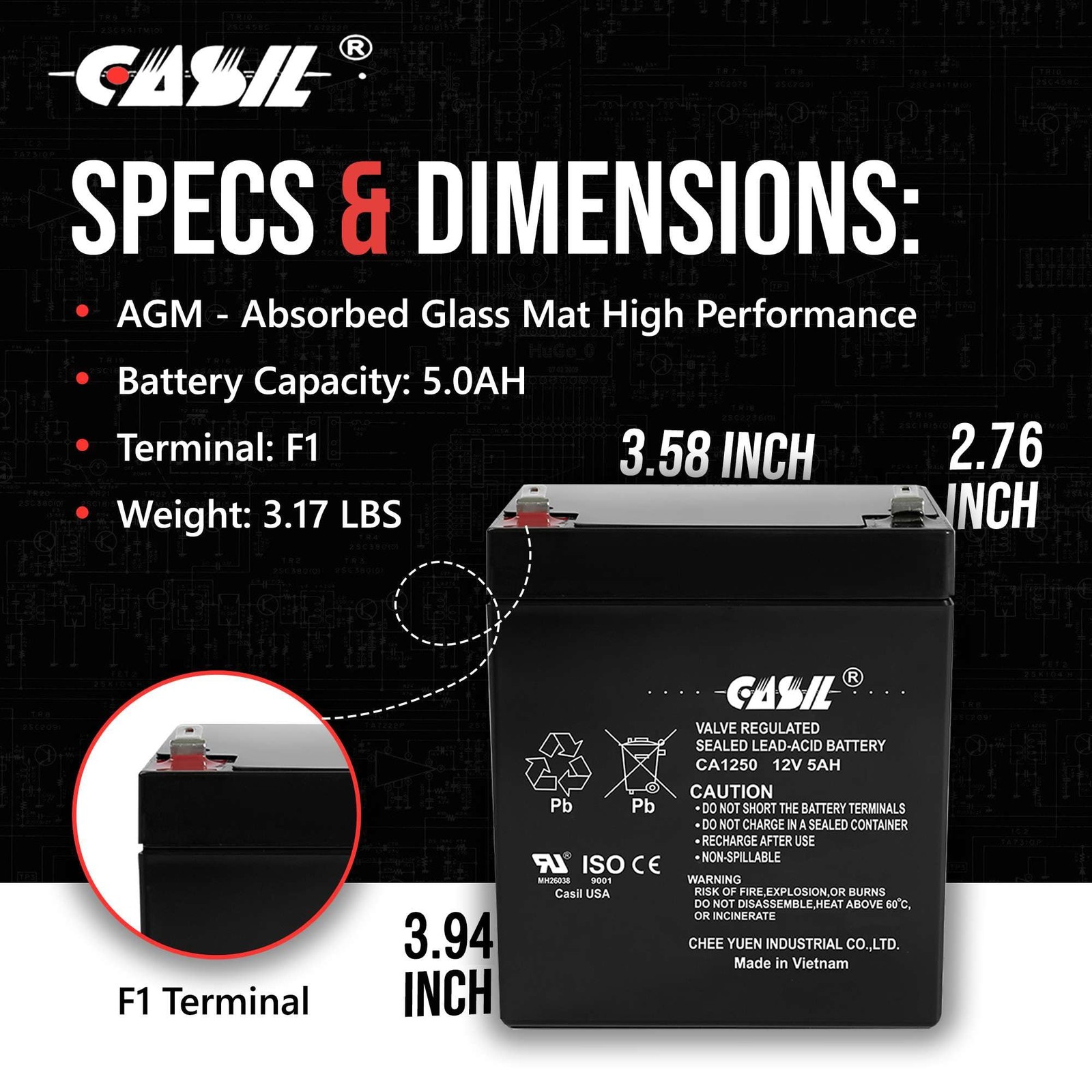 Casil CA1250 12V 5Ah SLA AGM Alarm Battery – Rechargeable Sealed Lead Acid…