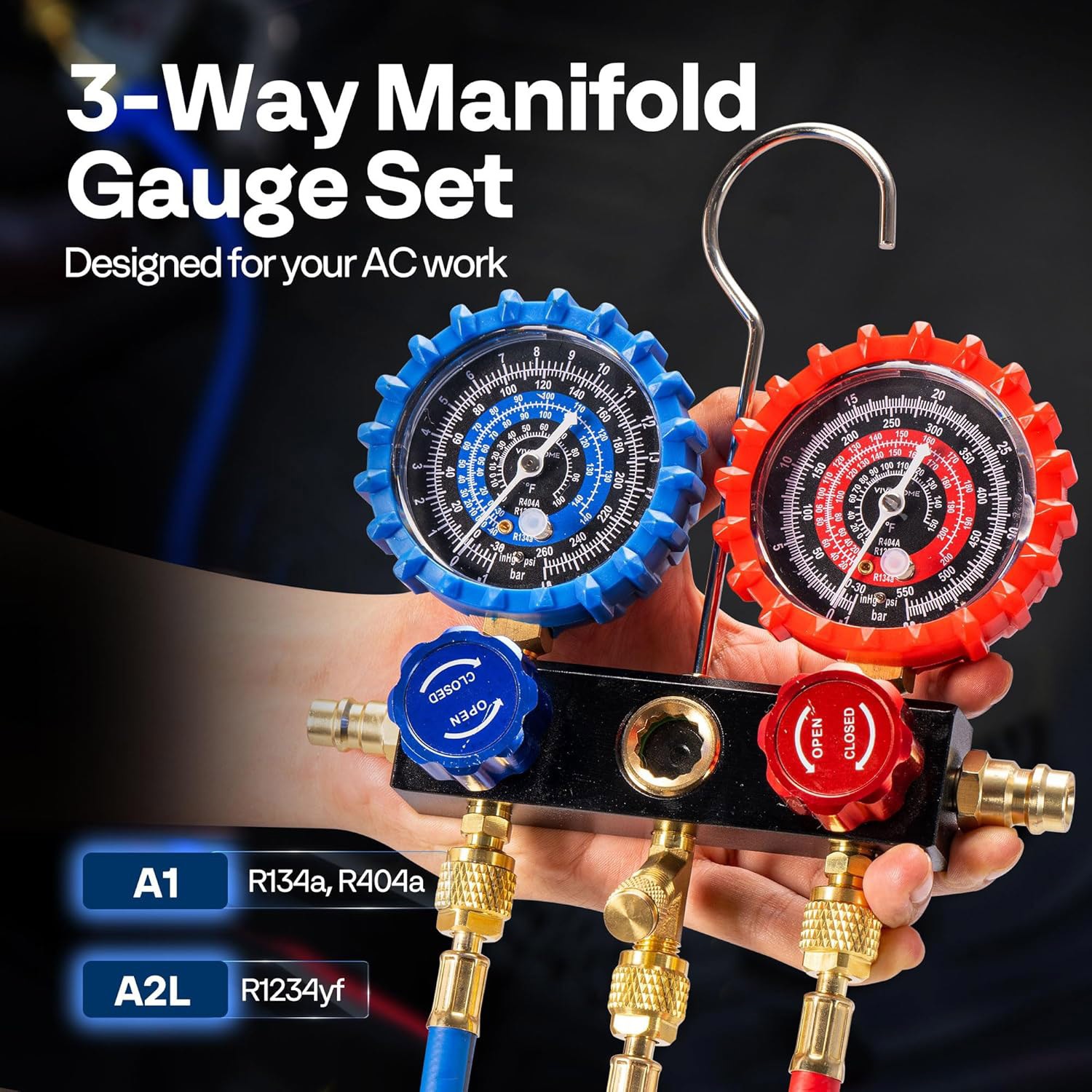 AC Manifold Gauge Set 3 Way For R1234yf R404a R134a Refrigeration Charging