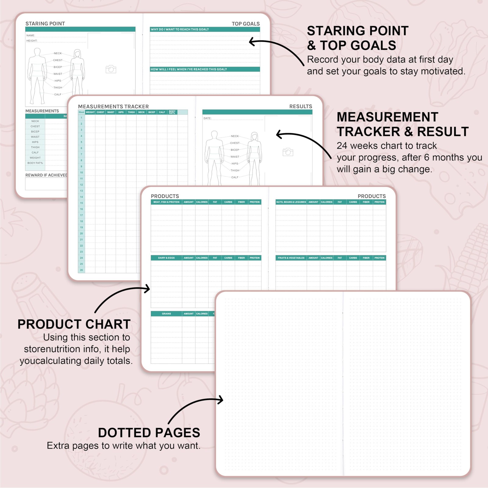 Food Journal 5.8″ x 8.3″ 6 Months Meal Planner for Weight Loss & Diet