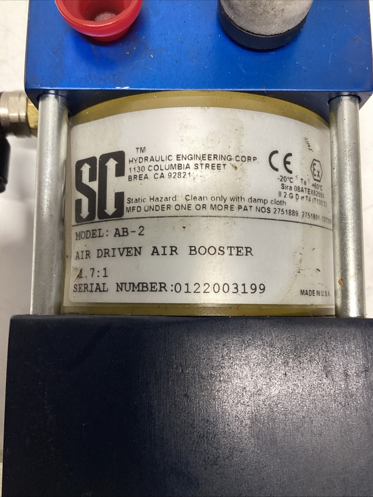 SC Hydraulic AB-2 Air Driven Air Booster 1.7:1 Ratio USA Q-751