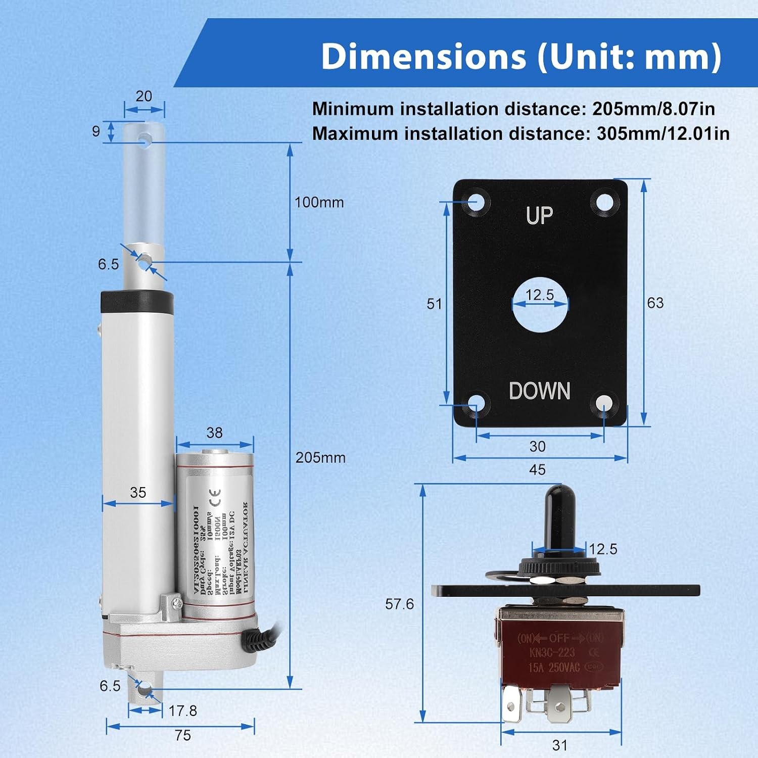 1500N Linear Actuator, 100/150/200/250/300/450 mm DC 12 V Electric Cylinder