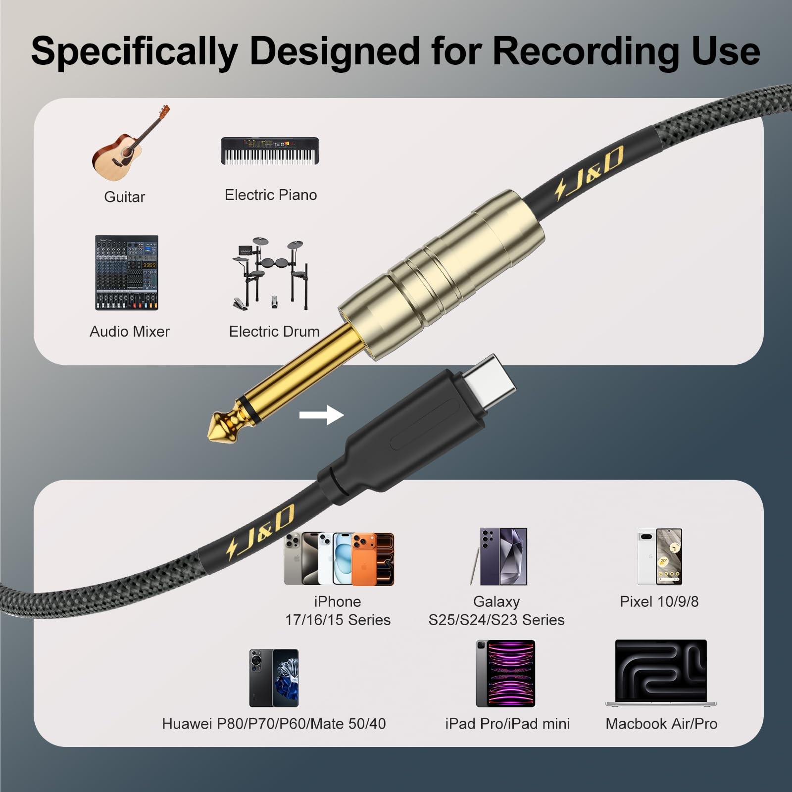 USB C to 6.35 mm 1/4 inch TS Guitar Audio Cable, Audio Recording, Bass, Elect…