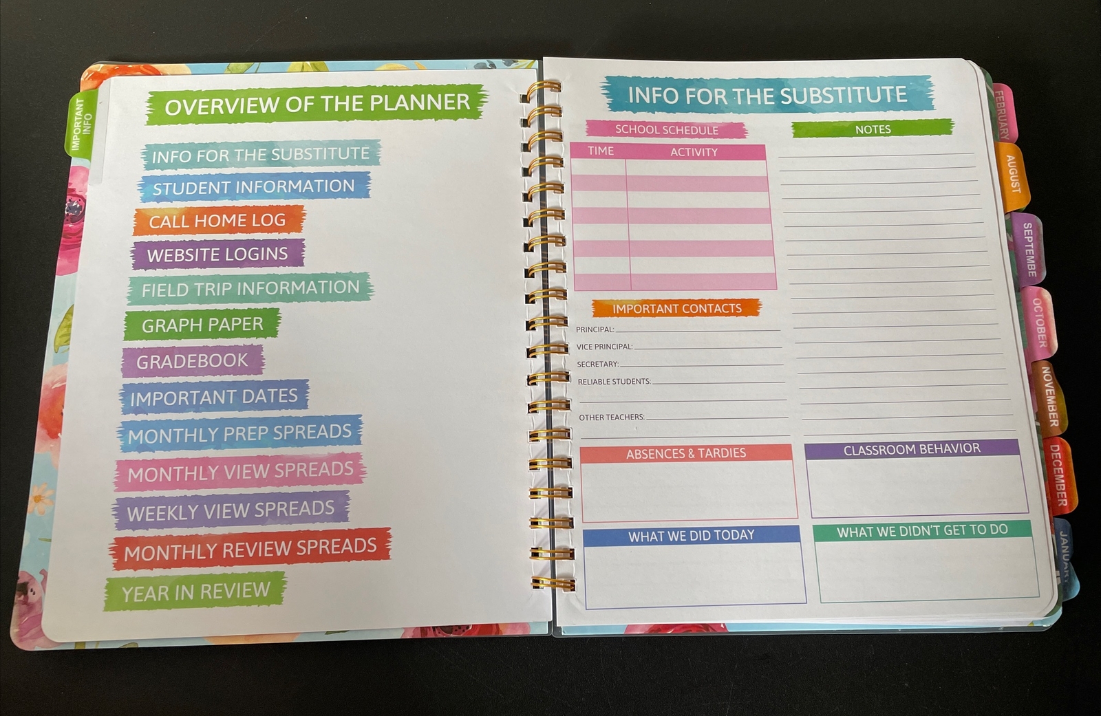 Undated Teacher Planner Daily Weekly Monthly Spiral Bloom Planner 11″×9″