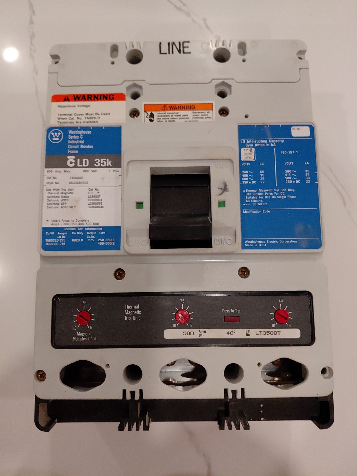 Westinghouse LD3600F 600Amp 600Volt 3Pole Bolt-On Breaker w/ 500Amp Trip Unit