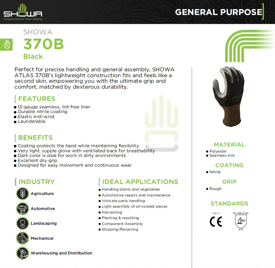 Showa Atlas 370 BLACK Nitrile Palm Coated LIGHTWEIGHT GARDENING WORK GLOVES S-XL