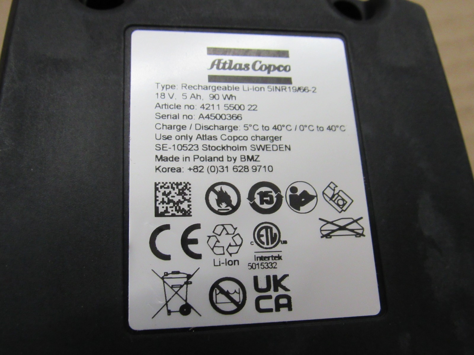 Atlas Copco 4211550022 18 volt 5AH 90WH Li-ion battery 4211 5500 22