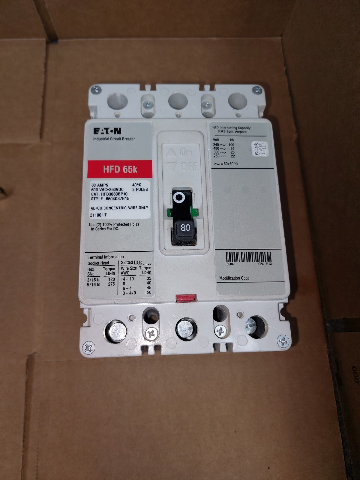 EATON BREAKER HFD3080 3 POLE 480V-240V FOR PRL3-PRL4 BOLT IN PANELBOARDS (1PC)