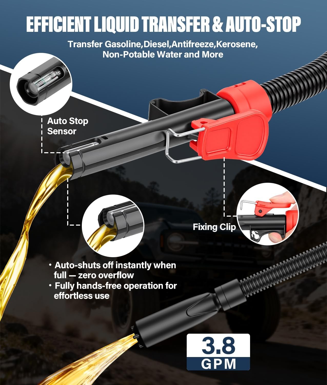2nd Gen Fuel Transfer Pump with Auto-Stop, 3.8 Gallon per Min, 51″ Hose Battery