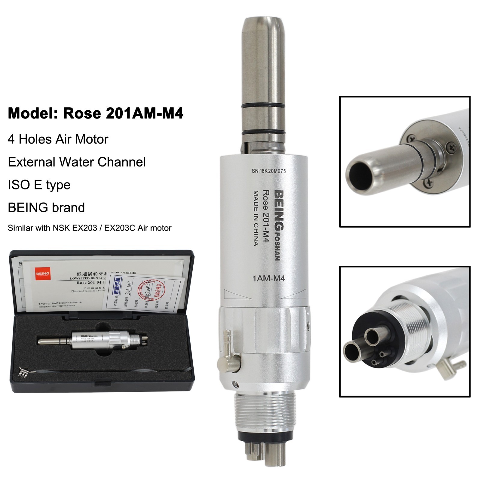 BEING Dental Low Speed Straight Handpiece Air Motor Contra Angle Latch Push NSK