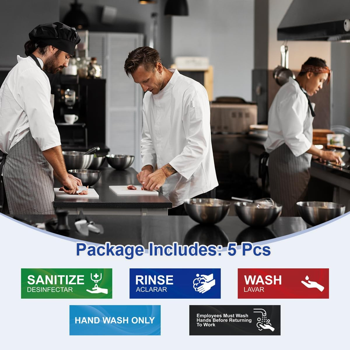 Wash Rinse Sanitize Sink Labels, 5 Pack 3 Compartment Sink Signs, Waterproof Sti