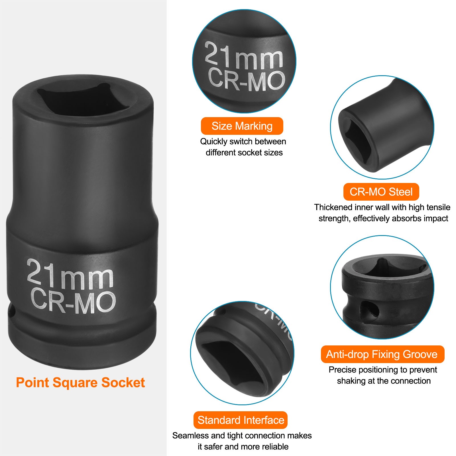 4 Point Square Socket 1″ Drive 21mm Metric CR-MO Impact Wheel Socket