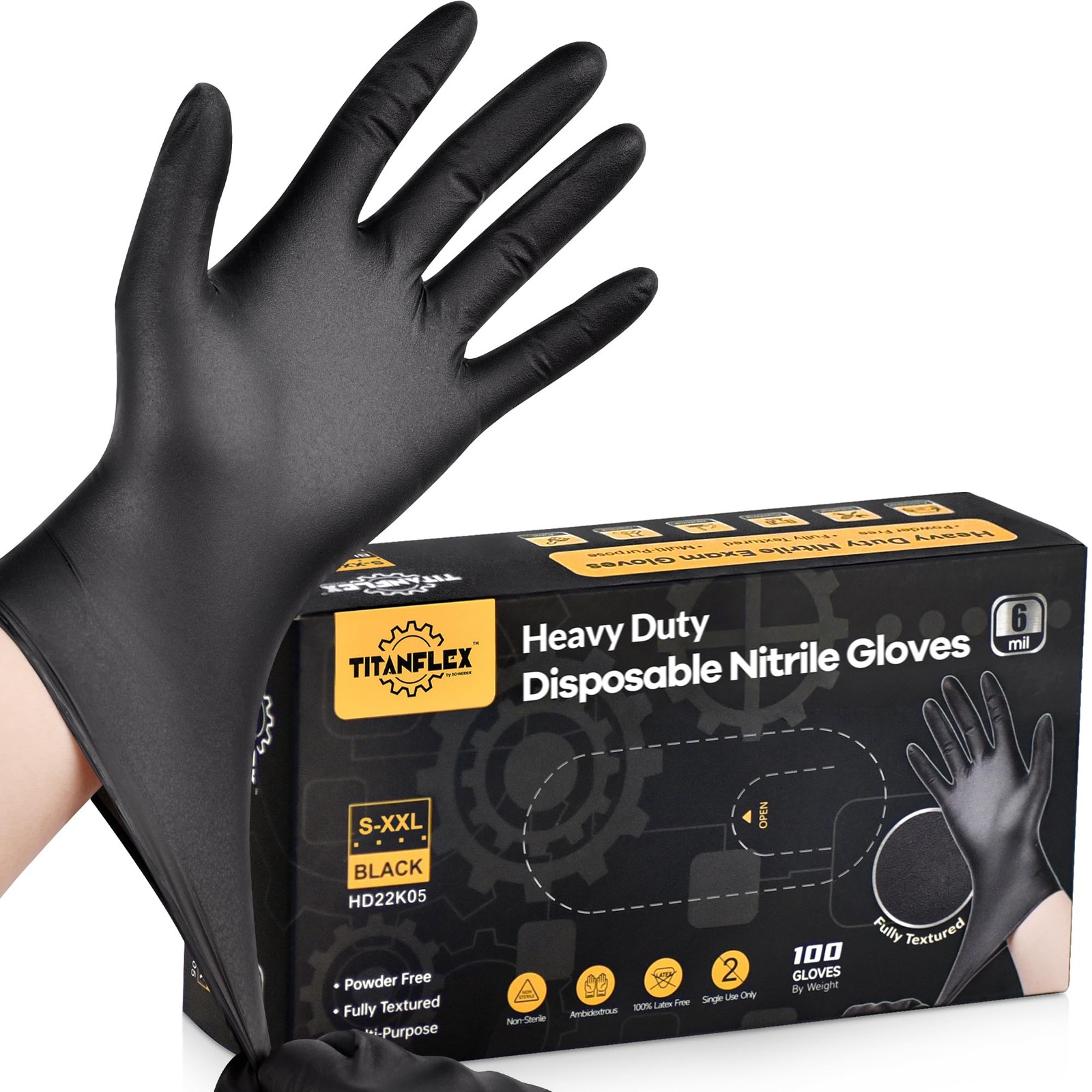 Heavy Duty Nitrile Gloves 6mil, 100 Count, Black, Latex-Free, Powder-Free
