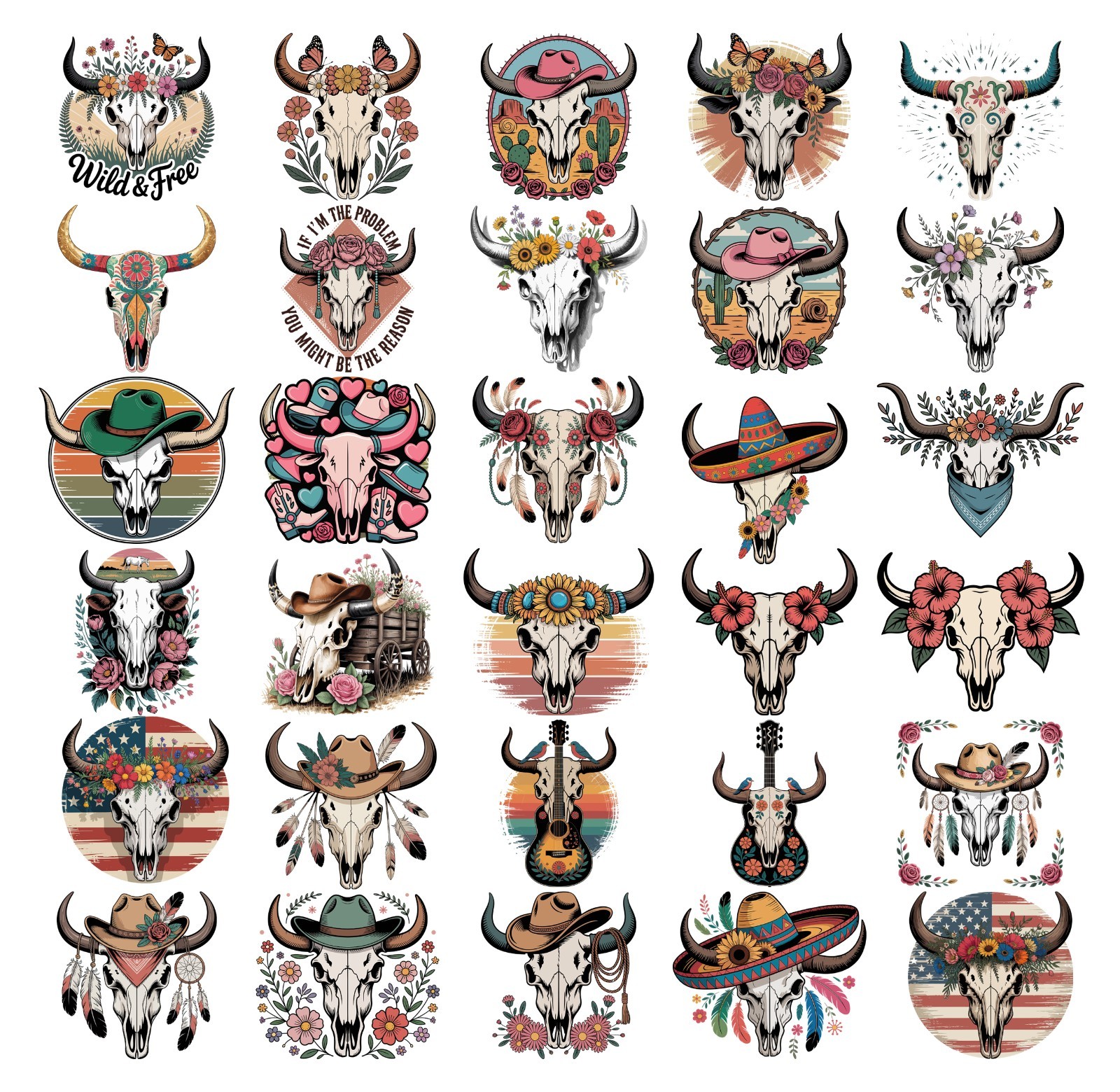 Western Boho Bull Skull Clipart Bundle, western PNG, Western Sublimation,