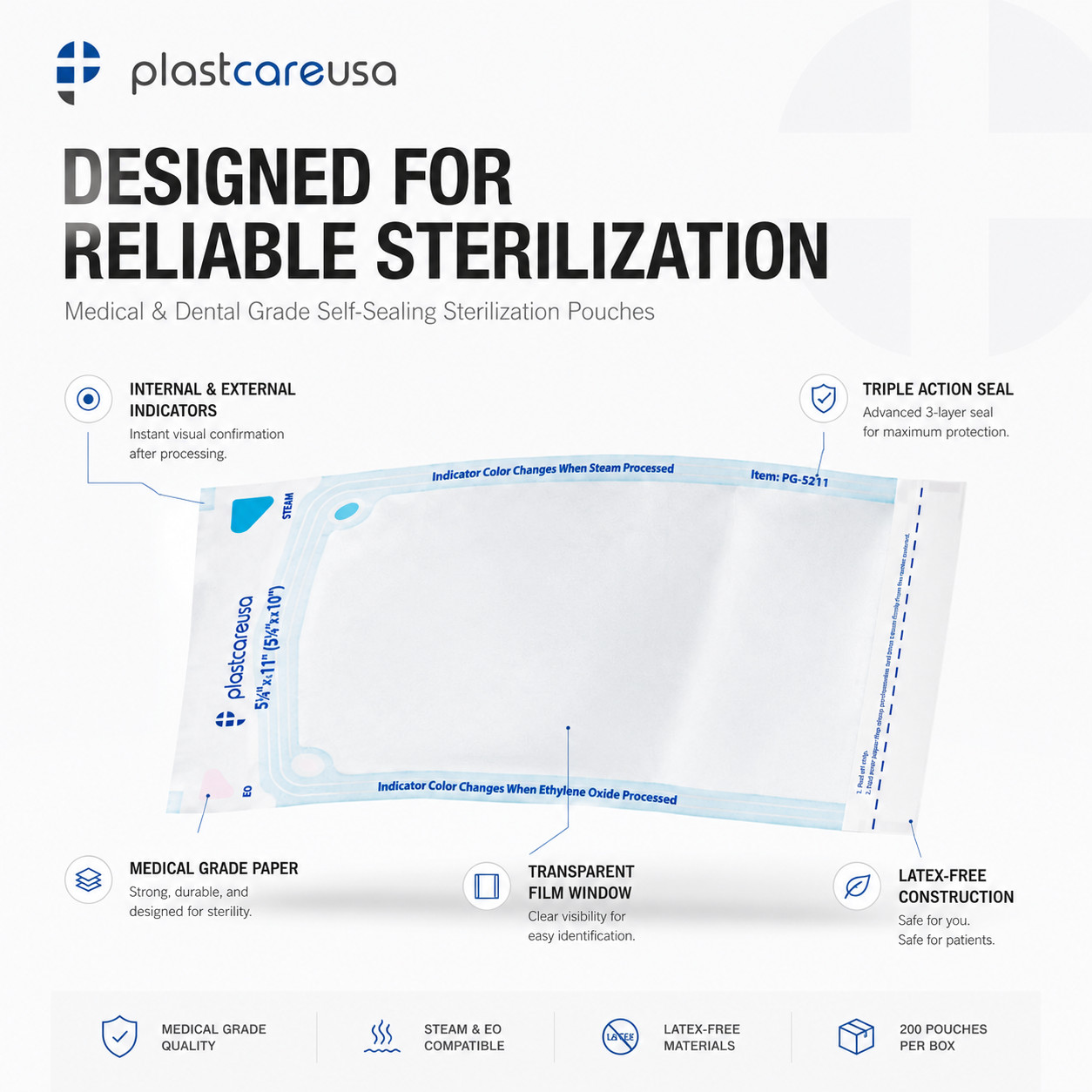5.25″ x 10″ Self-Sealing Sterilization Pouches for Autoclave (1 Box of 200)
