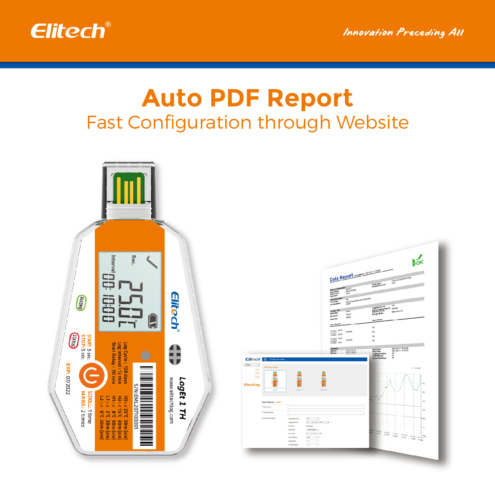 Elitech LogEt 1 TH Temperature & Humidity Data Logger Single Use PDF Report USB
