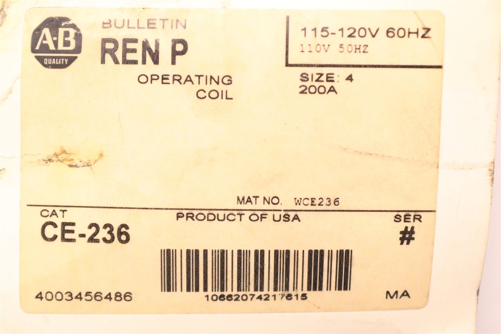 ALLEN-BRADLEY OPERATING COIL 115-120V SIZE 4 200A CE-236 CE-236