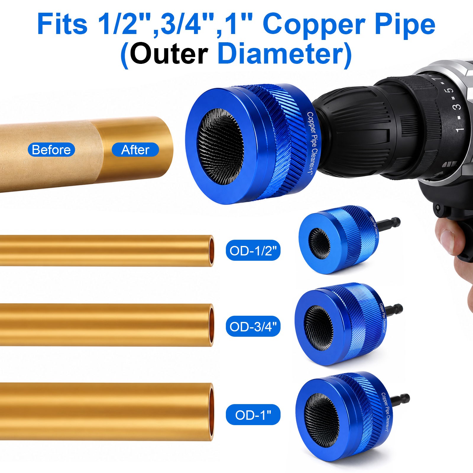9PCS Copper Pipe Cleaner for Drill Set 1/2″ 3/4″ 1″ Plumbing Cleaning Brush Kit