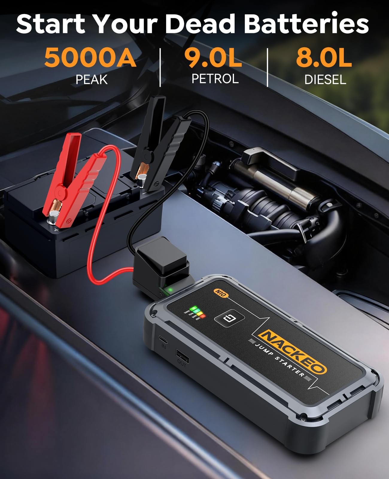 NACKEO Portable Car Battery Jump Starter 5000A Car Jump Starter Battery Pack