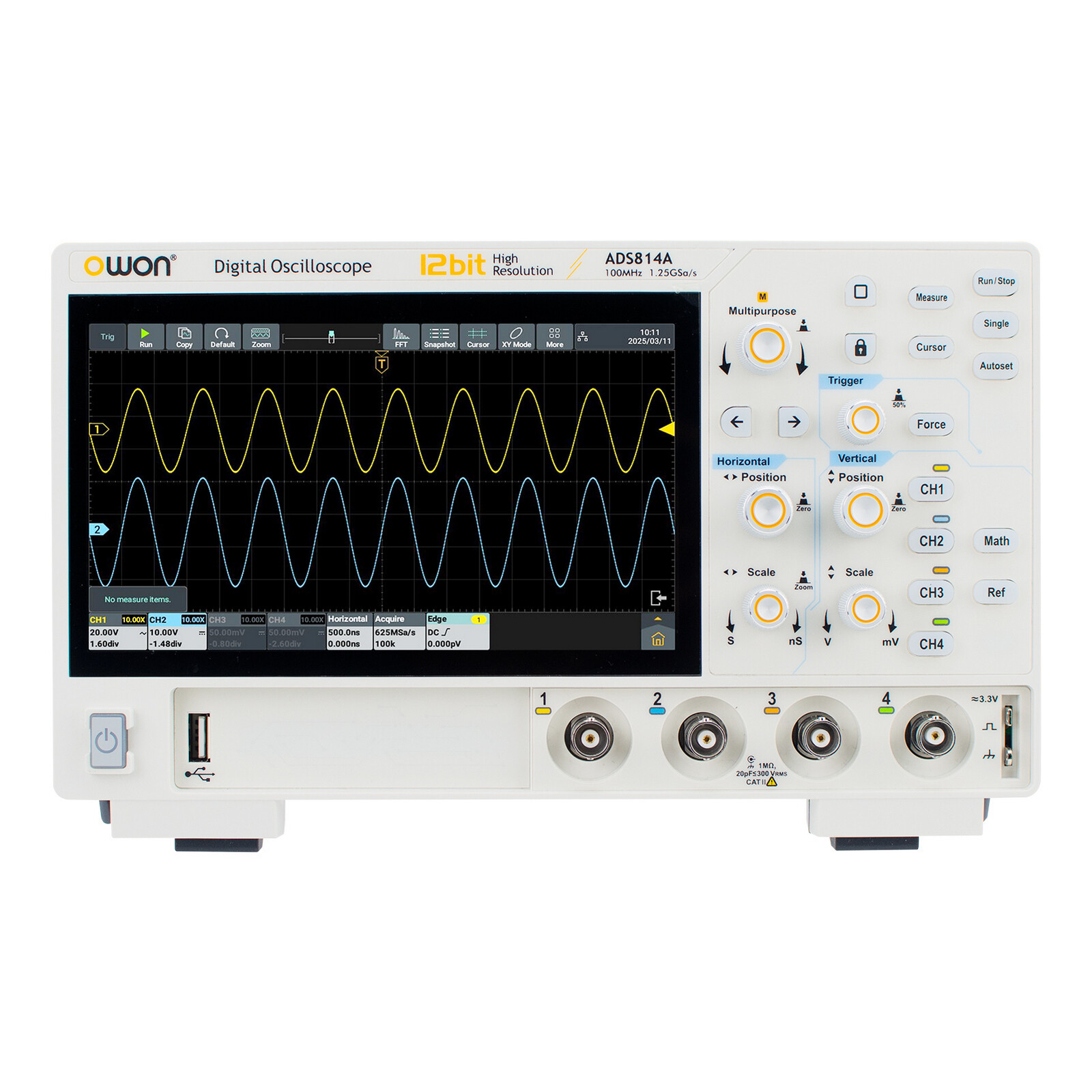 Owon ADS814A 12bits Digital Oscilloscope 100MHz 4CH 1.25GSa/s FFT analysis