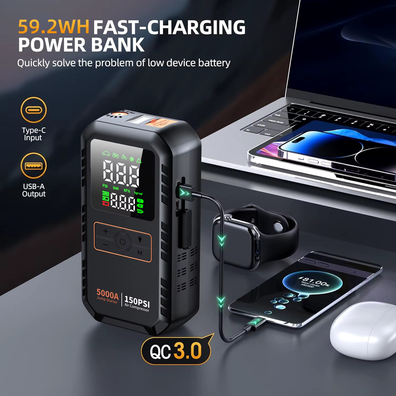 Car Jump Starter with Battery Booster Air Pump Portable Power Bank Tire Inflator