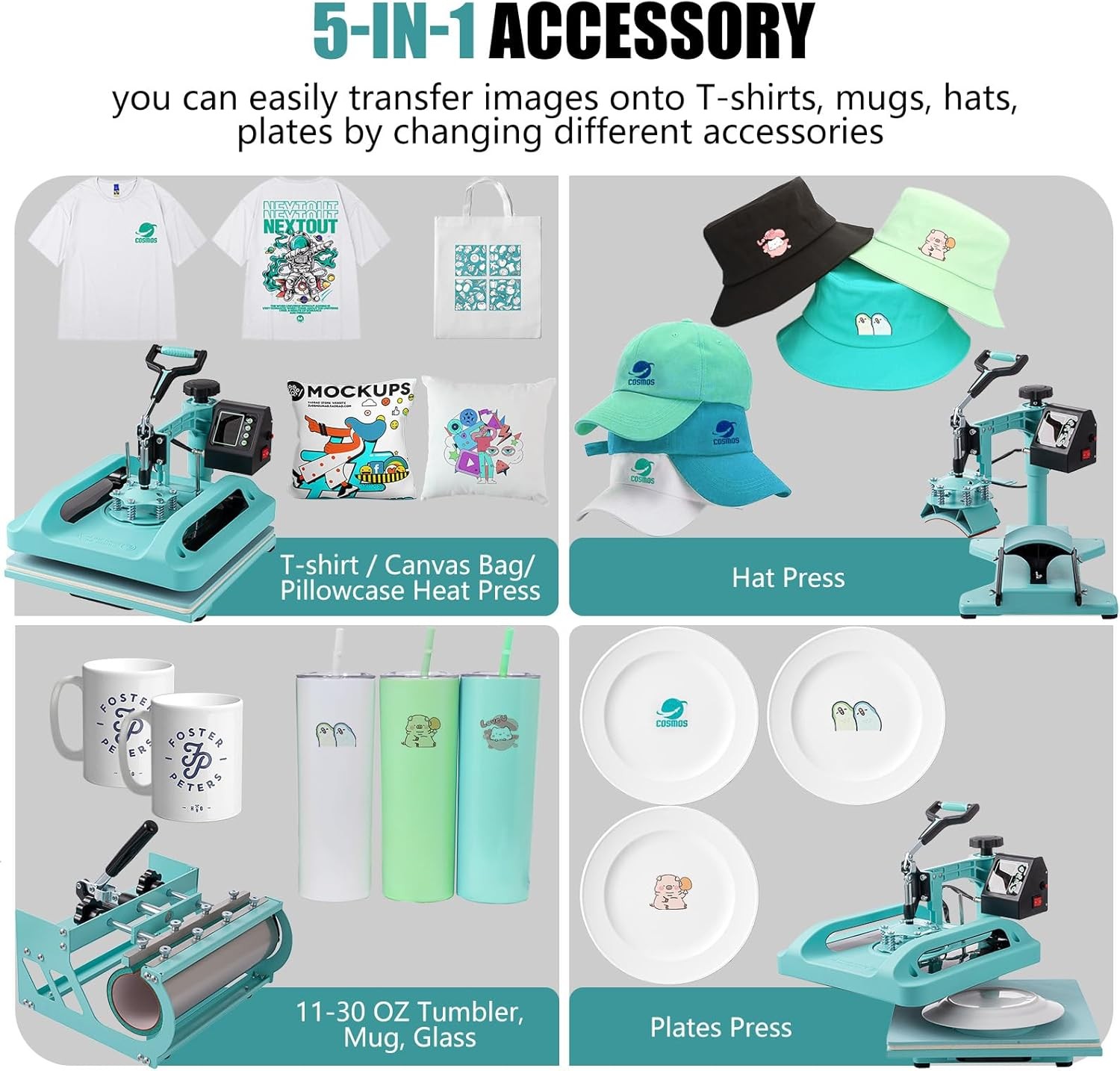 5 in 1 Heat Press Machine 15 x 15 in Sublimation Printer Transfer T-Shirt Mug