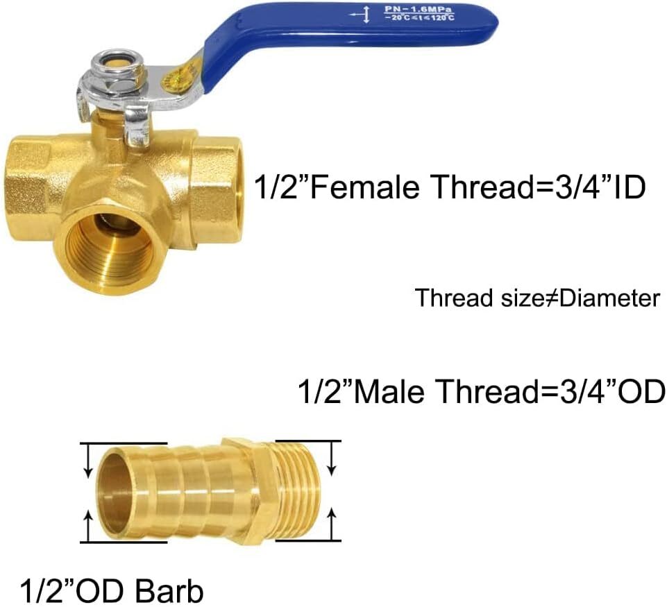 3 Way L-port Shut Off 1/2″G Thread Ball Valve with 1/2″ Hose Barb T Shaped Br…