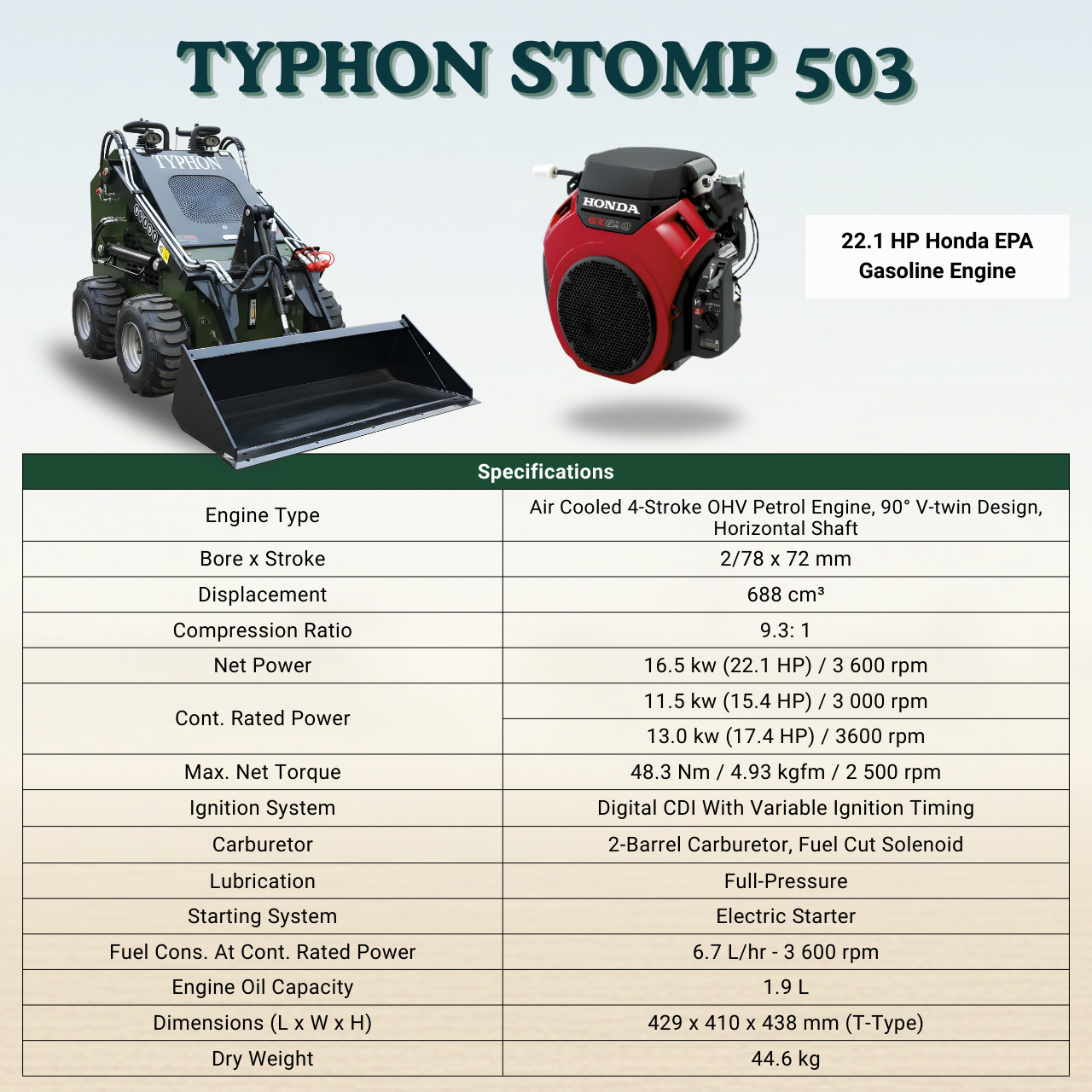 New TYPHON STOMP 503 Skid Steer Loader 375kg Lift 22.1HP Honda GX690 USA Engine