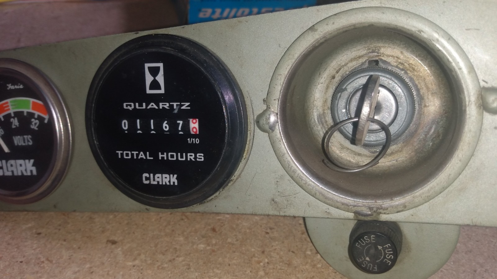 Clark Volt Meter, Hours Meter, Key Switch and Fuse Holder on steel panel – used